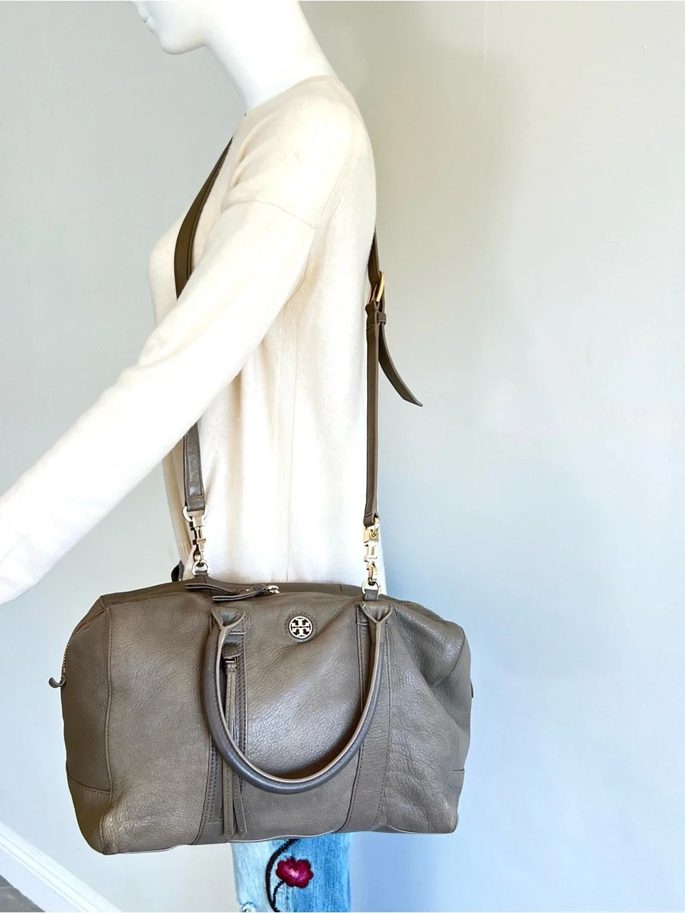TORY BURCH Taupe Brody Porcini Pebbled Leather With Strap Shoulder Bag Satchel
